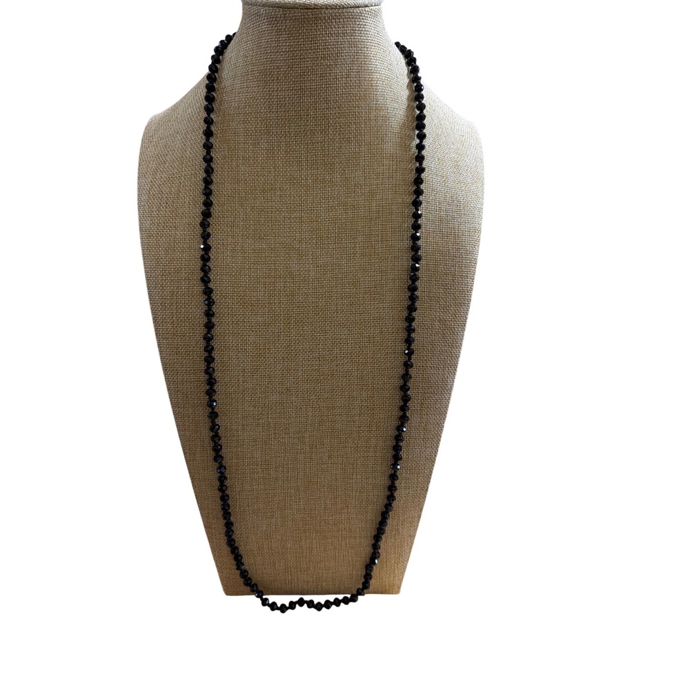 Vintage Style Faceted Black Glass Hand Knotted Long Strand Necklace Layering